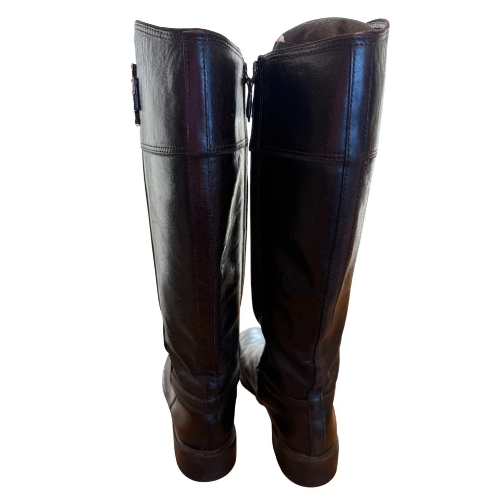 Tory Burch Kiernan Dark Brown Leather Riding Boots Gold Logo 32158741 Womens 10M